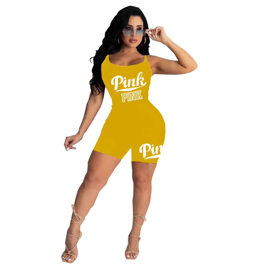 XS / Yellow Holiday Style Drop shipping Letter Print Straps Short Rompers