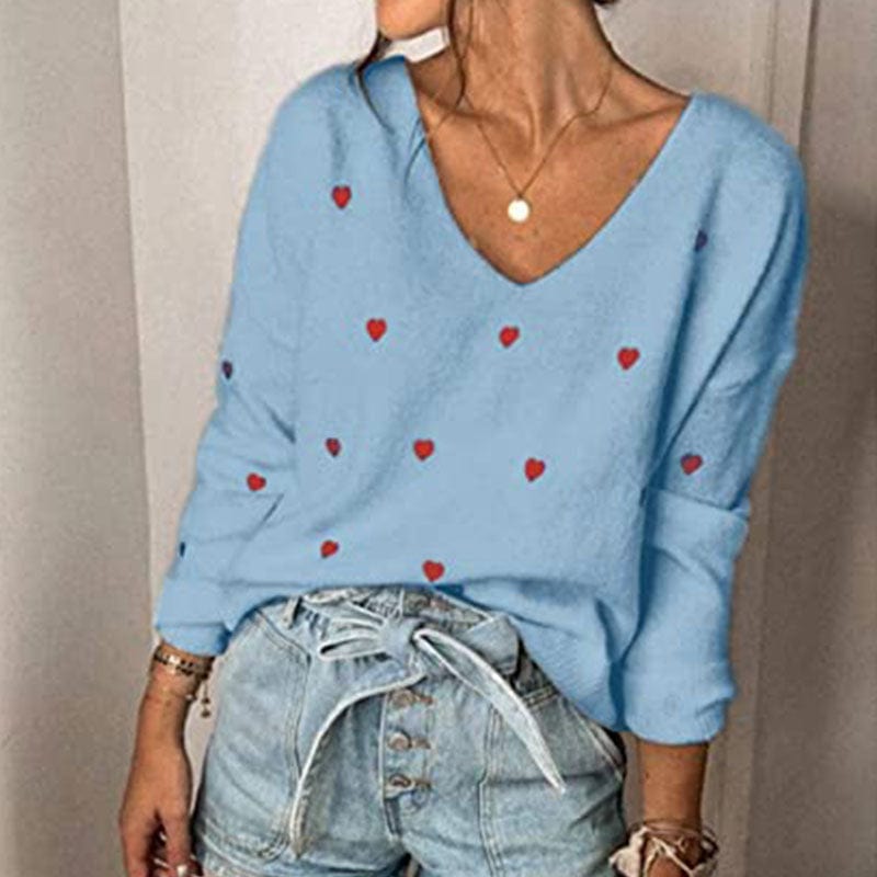 XXL / Blue Women's Fashion New Sweater Valentine's Day Love Polka Dot V-Neck Plus Size Loose Pullover