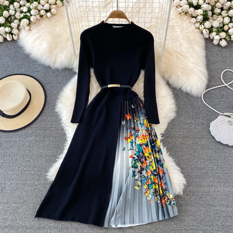 XXL / Gray 2022 Spring and Autumn Women Dress Long Sleeves Irregular Knitting Dresses Vintage printing sweater dresses