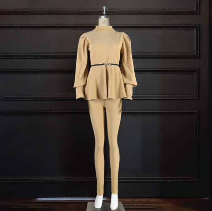 XXL / Khaki 2022 Autumn Winter Oversized Waist Belt Women Casual Two Pieces Set