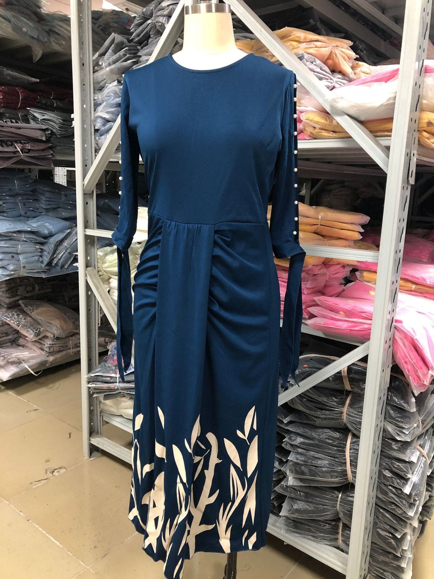 XXL / NAVY Spring Fashion Pleated Printed Elegant African Lady Office Career Dress