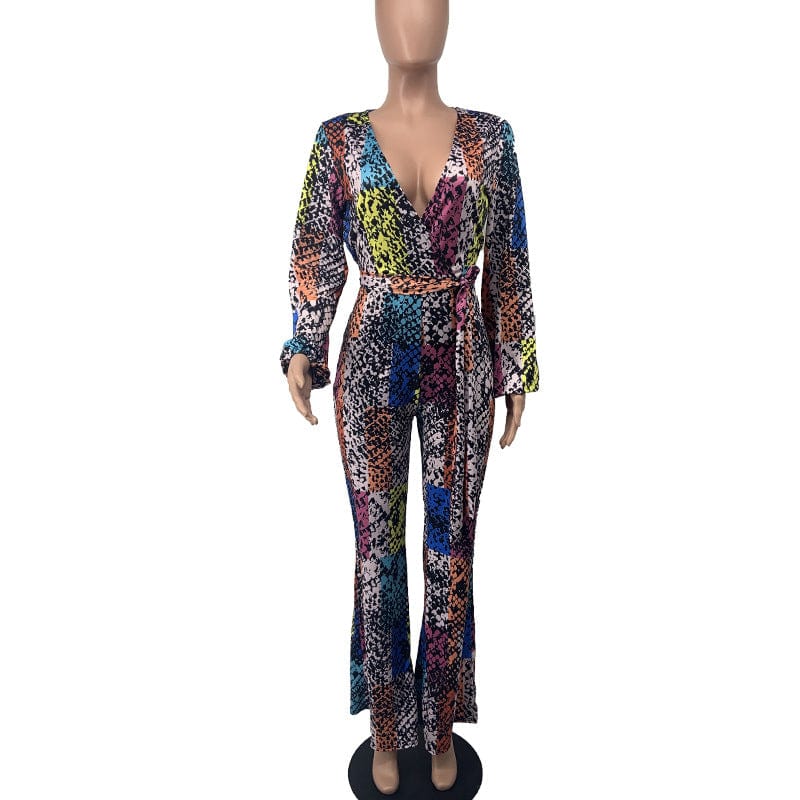 XXL / Printed Spring V Neck Wide Leg Waist Belt Retro Printed African Female Club Jumpsuit
