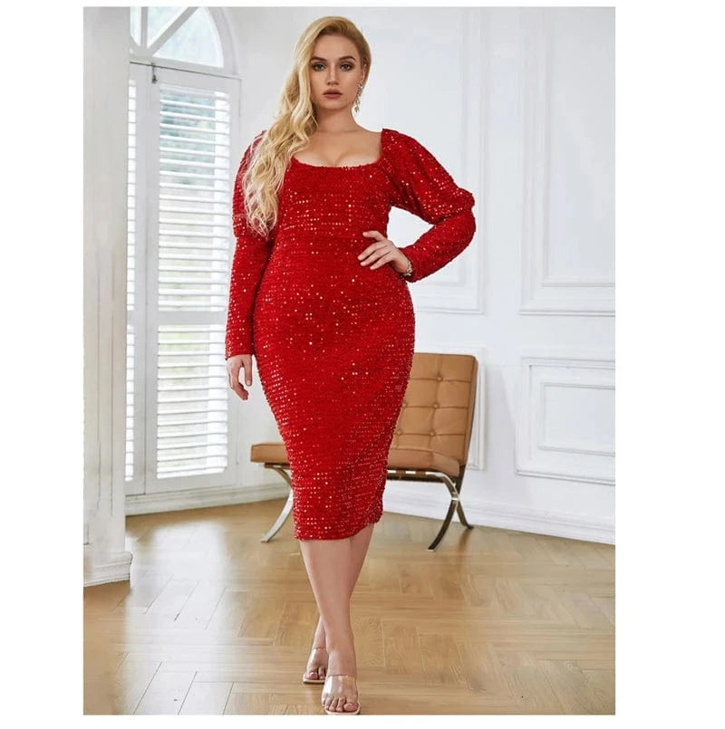 XXL / Red luxury big plus size women ladies birthday party sparkly sequin red midi wedding evening dress 5XL elegant gown with sequins