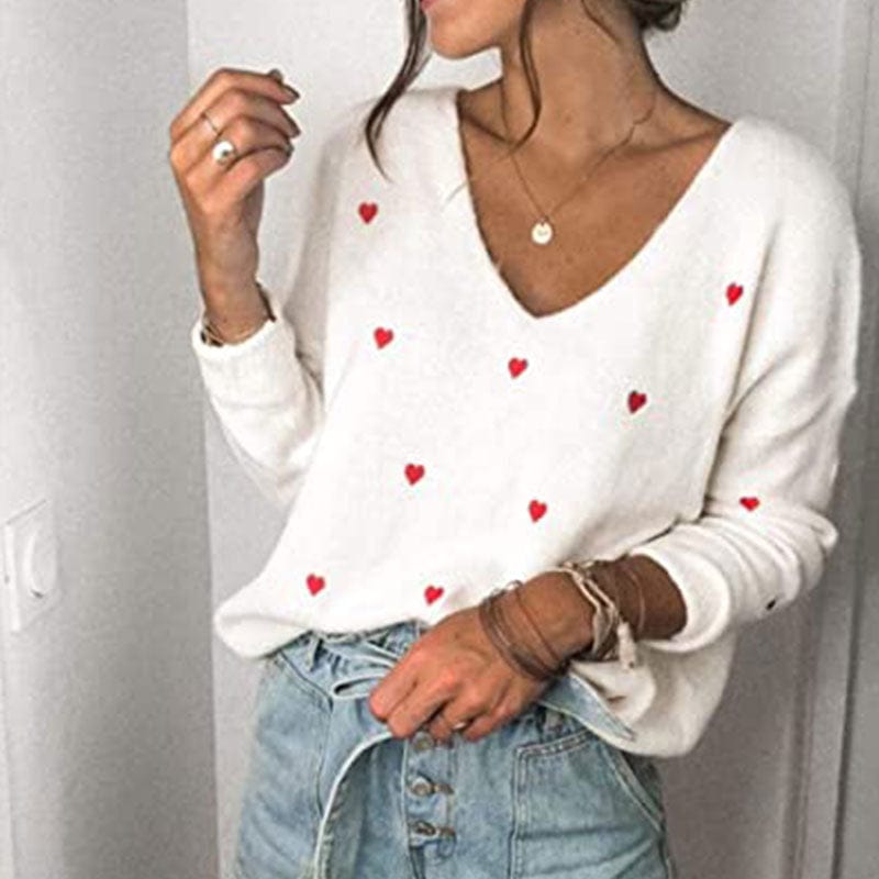 XXL / White Women's Fashion New Sweater Valentine's Day Love Polka Dot V-Neck Plus Size Loose Pullover