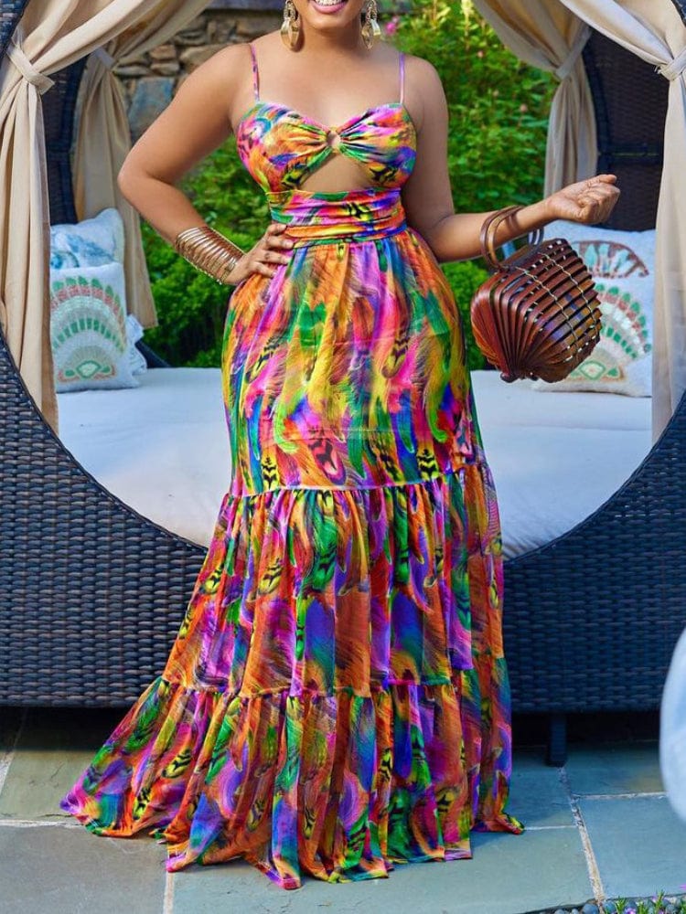 XXL / Yellow Printed Long Spaghetti Strap Beach Summer Hollow Out Female Casual Dress