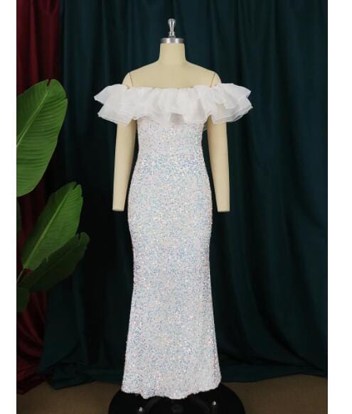 XXXL / White White Plus Size Sequin Ruffles Party Gowns For Women Wedding Evening Dress