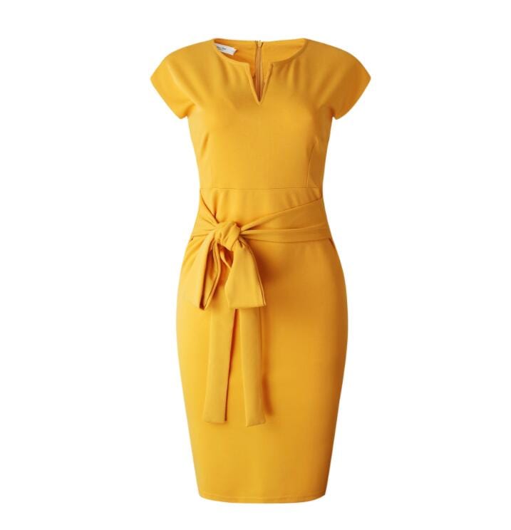 XXXL / Yellow Yellow Elastic Bodycon Waist Belt Pencil Dresses Office Career Ladies