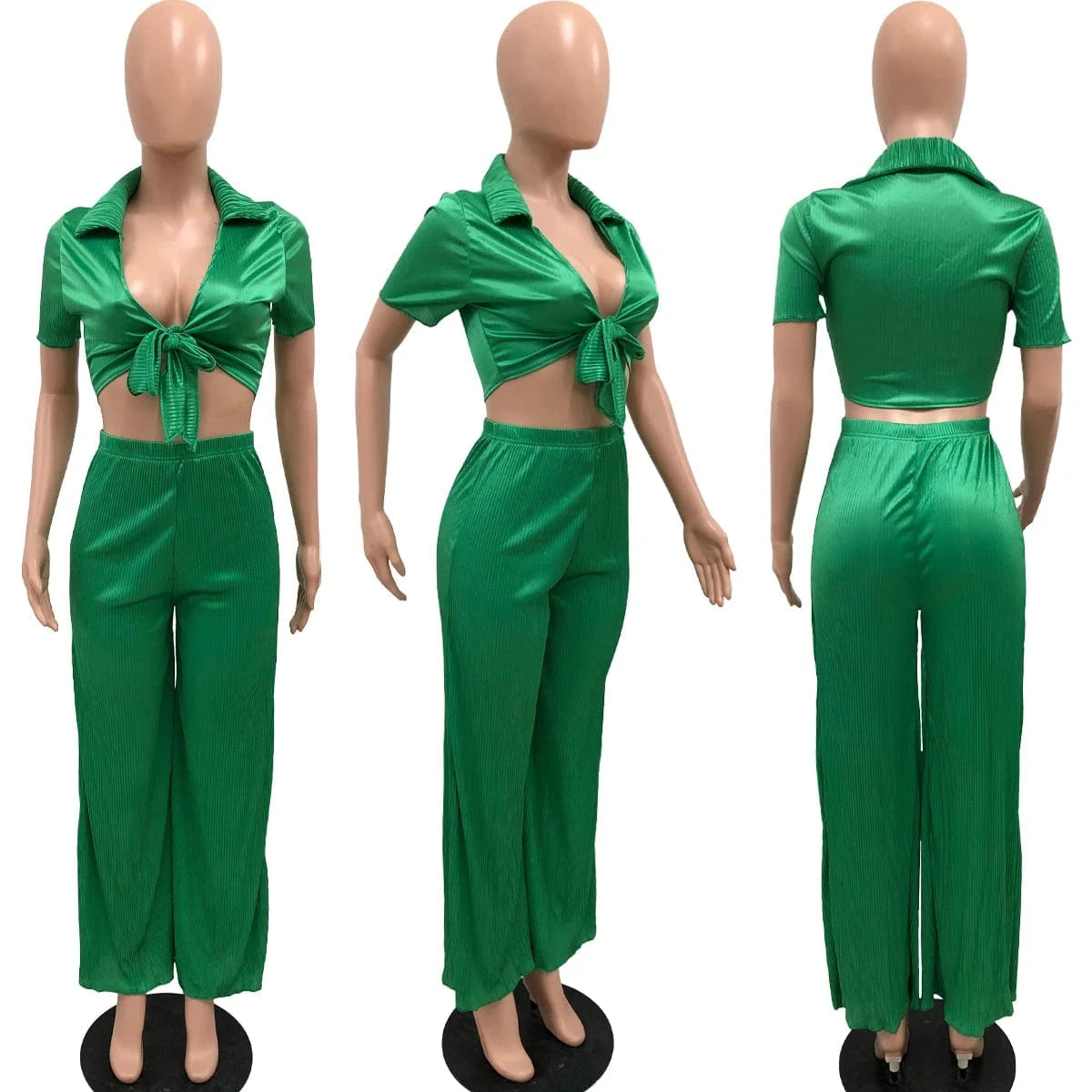 Y1897 Women Lace-Up Crop Top and Pleated Wide-Leg Pants Two-Piece Set
