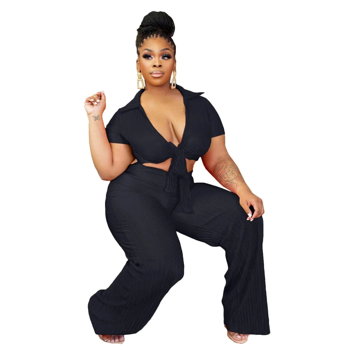 Y1897 Women Lace-Up Crop Top and Pleated Wide-Leg Pants Two-Piece Set