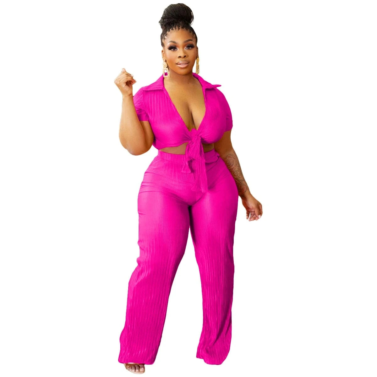 Y1897 Women Lace-Up Crop Top and Pleated Wide-Leg Pants Two-Piece Set