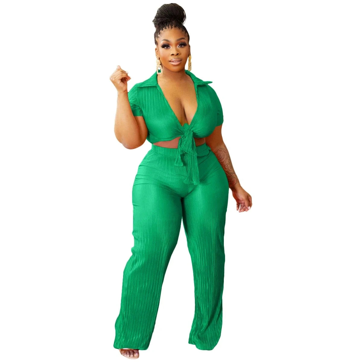 Y1897 Women Lace-Up Crop Top and Pleated Wide-Leg Pants Two-Piece Set