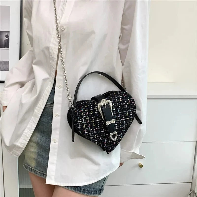 Y2K Fashion Love Heart Crossbody Bags For Women New Woolen Tweed Shoulder Bag Sweet Ladies Handbags Designer Women Clutch Bags