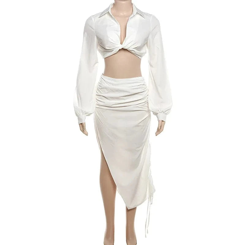 Y2K Solid White Long Sleeve Shirt Blouses Sexy Two piece 2023 Skirt Sets Womens Fall Outfits