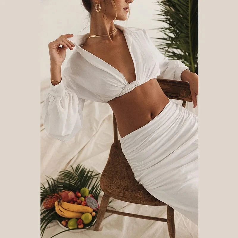 Y2K Solid White Long Sleeve Shirt Blouses Sexy Two piece 2023 Skirt Sets Womens Fall Outfits