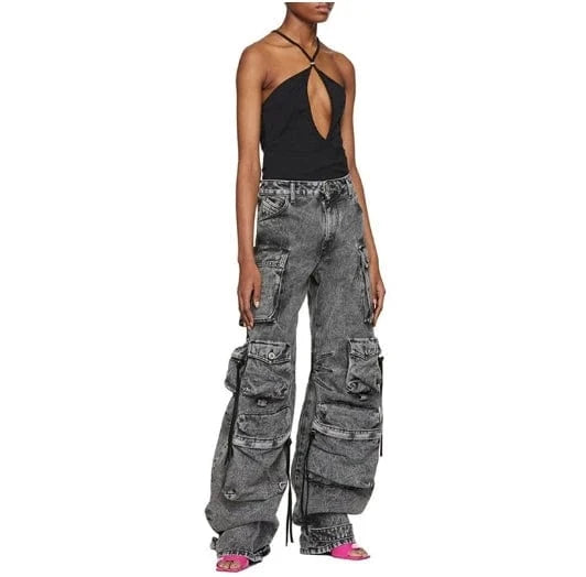 Y2K Style Black Denim 6 Pocket Cargo Jean pants Casual Streetwear Wild Leg Pants Outfit For Women