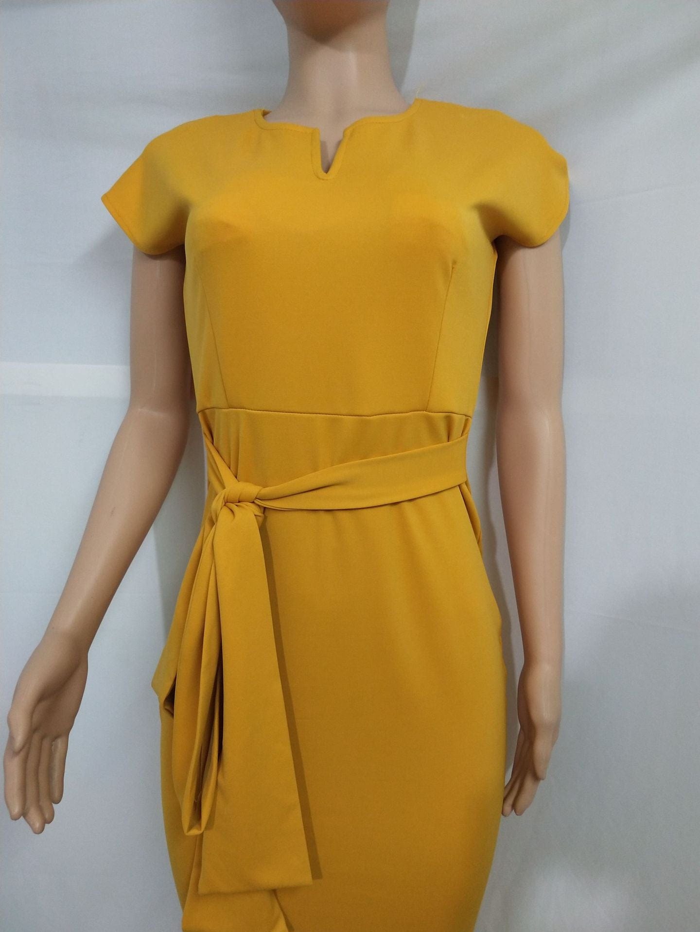 Yellow Elastic Bodycon Waist Belt Pencil Dresses Office Career Ladies
