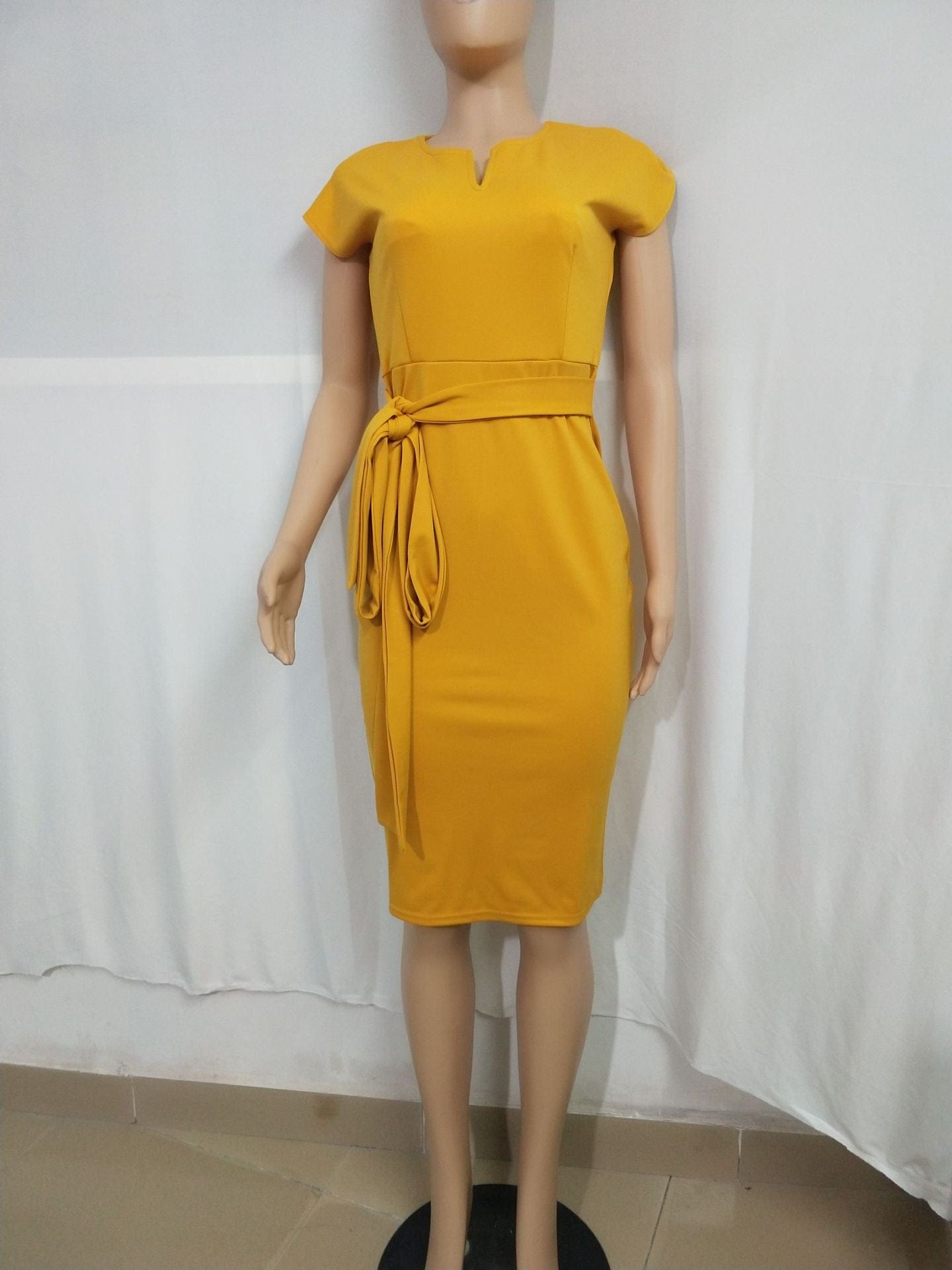 Yellow Elastic Bodycon Waist Belt Pencil Dresses Office Career Ladies