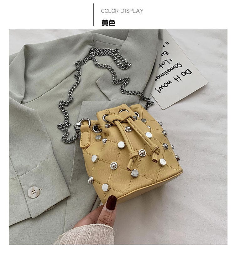 Yellow Mini Design Drawstring Bucket Patch Bags Women handbag for ladies PU Leather Embroidery Gold Chain small purse bag