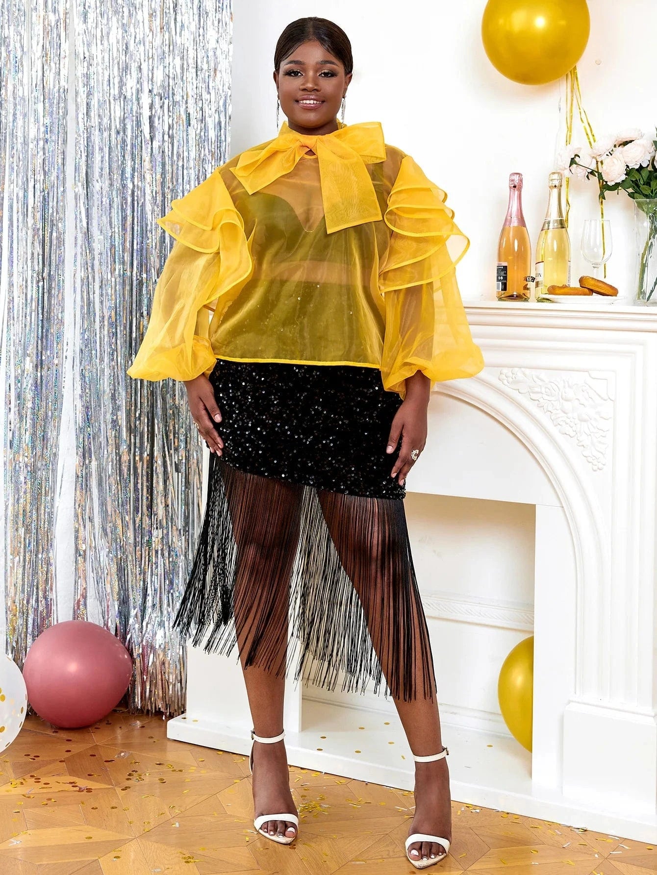 Yellow Top Sequin Skirt Sexy Bow Bodycon Women AOMEI Two Pieces Sets