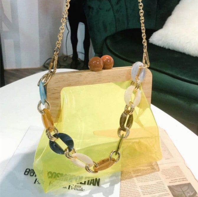 Yellow Transparent Wooden Lady Hand Bag with Circular Ring Handle Chain Crossbody Bag