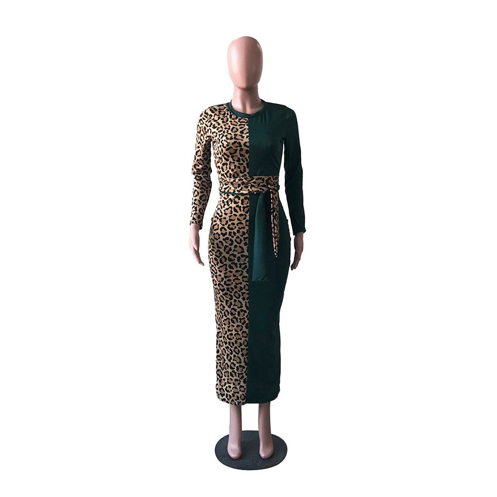 YG8060 - women modern leopard patch long sleeve bandage maxi dress