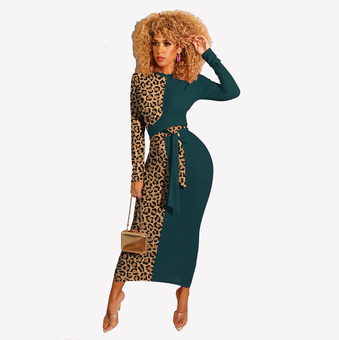 YG8060 - women modern leopard patch long sleeve bandage maxi dress
