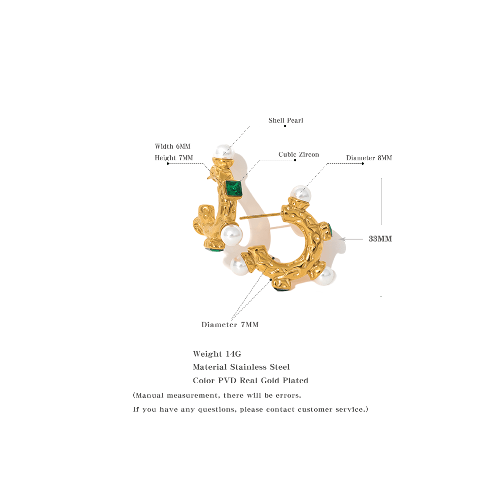YH073A JINYOU 073 Stainless Steel Imitation Pearl Green Cubic Zirconia Hoop Earrings for Women 18K PVD Plated Vintage Fashion Jewelry