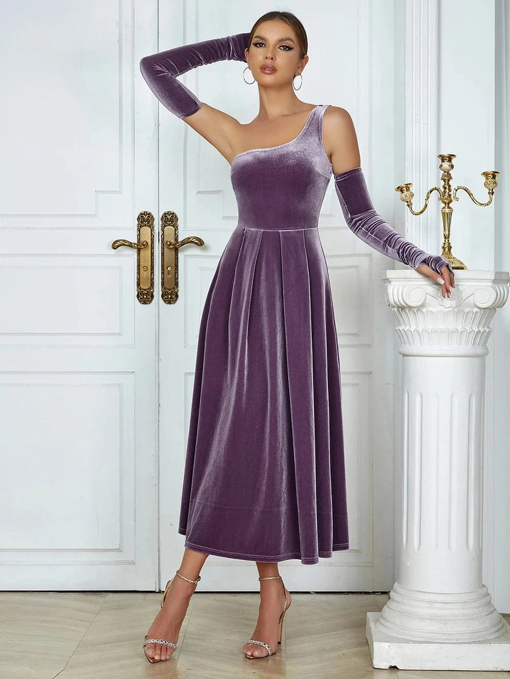 YHB0345 New Single Shoulder Pleat Velvet Elegant Woman Dresses Fashion Party Ball Gowns High Quality Sexy Purple Evening Dress