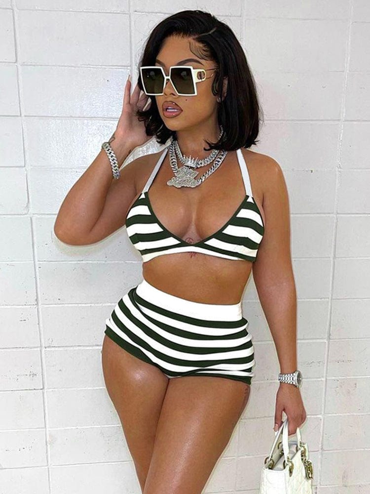 YILIMI Sexy Bikini Two Piece Shorts Set Stripe Print Beachwear Women Casual Short Pants Two Piece Set Swimsuit