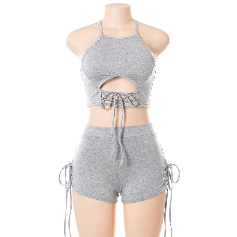 YILIMI Sleeveless Halter Crop Top Solid Color Hot Shorts Casual Activewear Hollow Out Two Piece Set Women Clothes