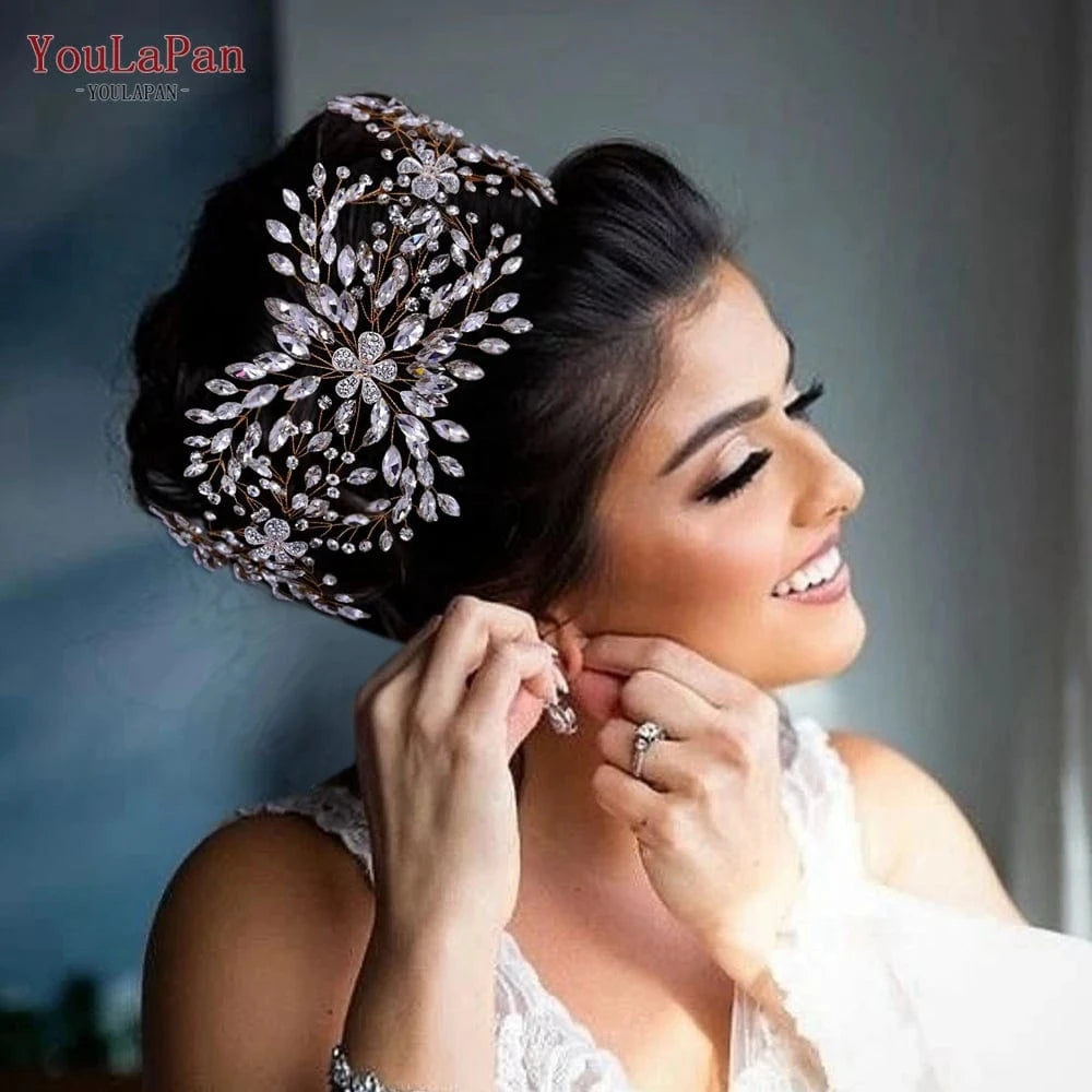 Yolapan HP390 Luxurious Long Hair Vine Gold Silver Rhinestone Flowers Women Headbands Wedding Bridal Hair Accessories