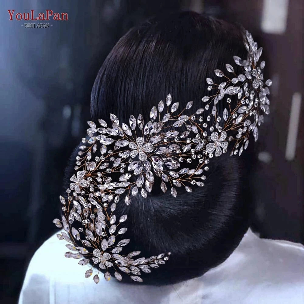 Yolapan HP390 Luxurious Long Hair Vine Gold Silver Rhinestone Flowers Women Headbands Wedding Bridal Hair Accessories