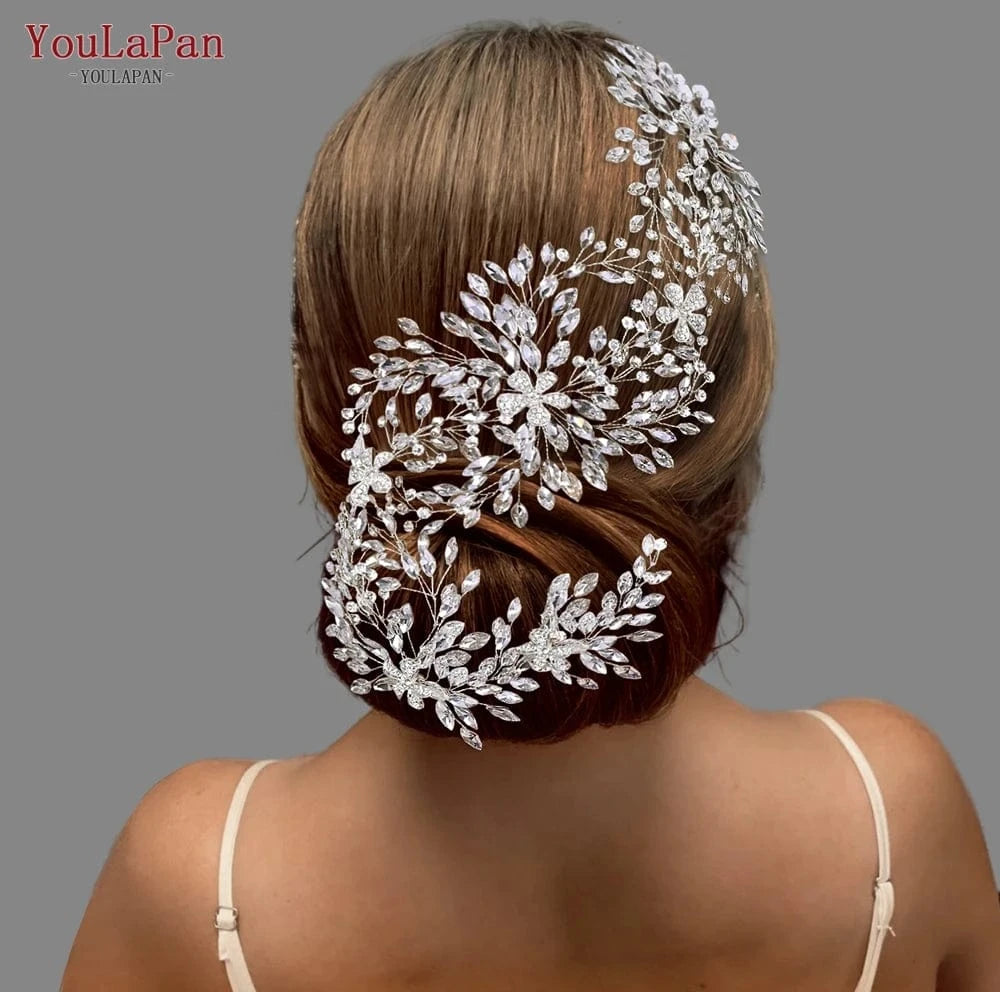 Yolapan HP390 Luxurious Long Hair Vine Gold Silver Rhinestone Flowers Women Headbands Wedding Bridal Hair Accessories