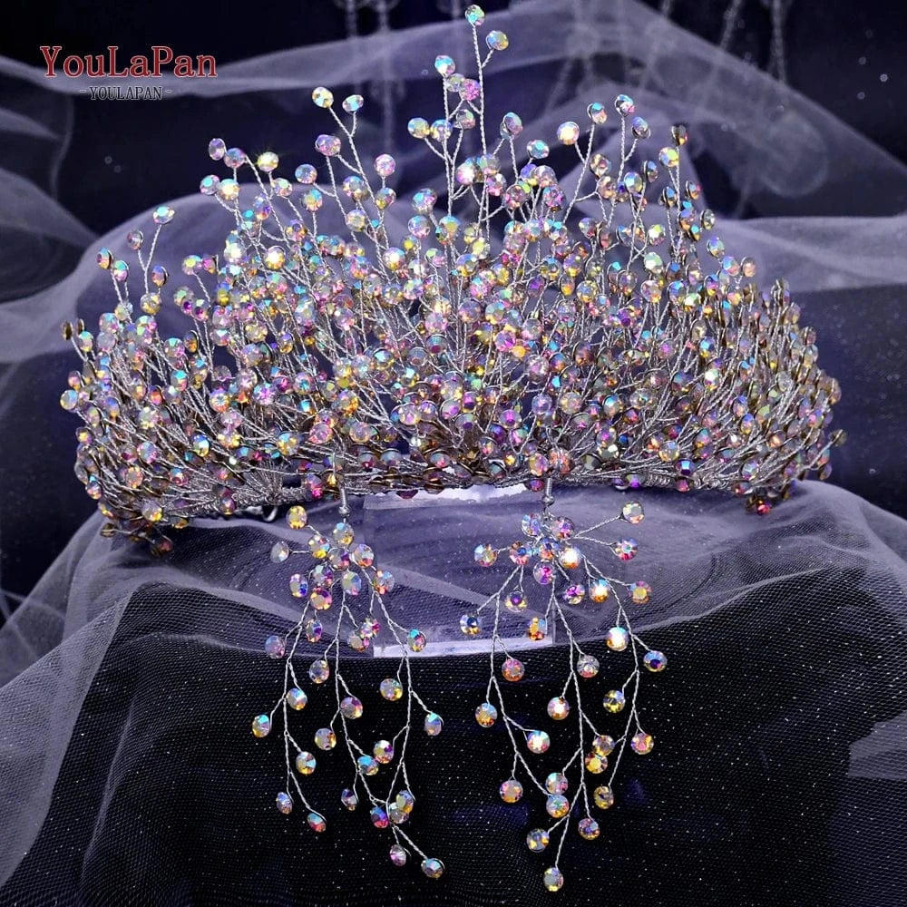 YouLaPan HP193-AB Colorful Rhinestone Crown Wedding Hair Accessories Bridal Crown Set Women's Party Beauty Pageant Tiara