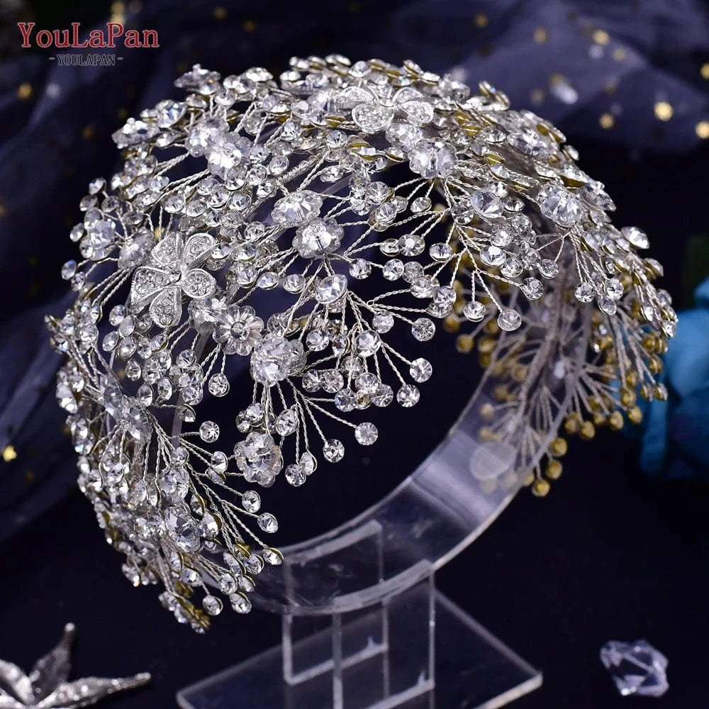 YouLaPan HP240 Luxury Women Alloy Flower Headpiece Handmade Gold Rhinestones Floral Headband Wedding Bridal Hair Accessories