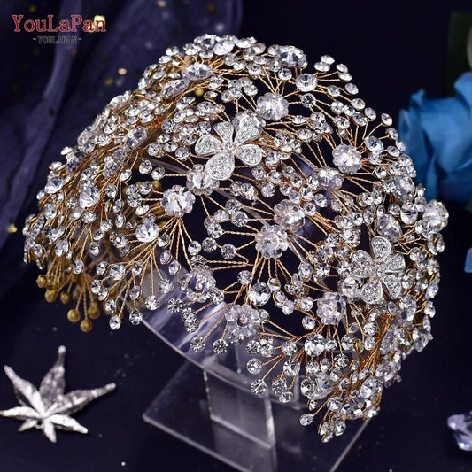 YouLaPan HP240 Luxury Women Alloy Flower Headpiece Handmade Gold Rhinestones Floral Headband Wedding Bridal Hair Accessories