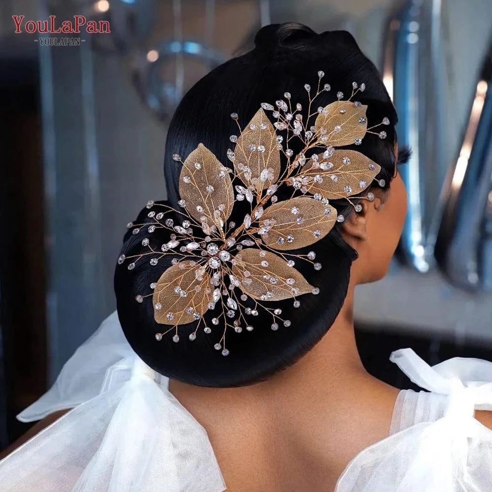 YouLaPan HP285 Elegant Rhinestone Women's Hair Accessories Faux Leaves Wedding Hair Piece Gold and Silver Bridal Headband