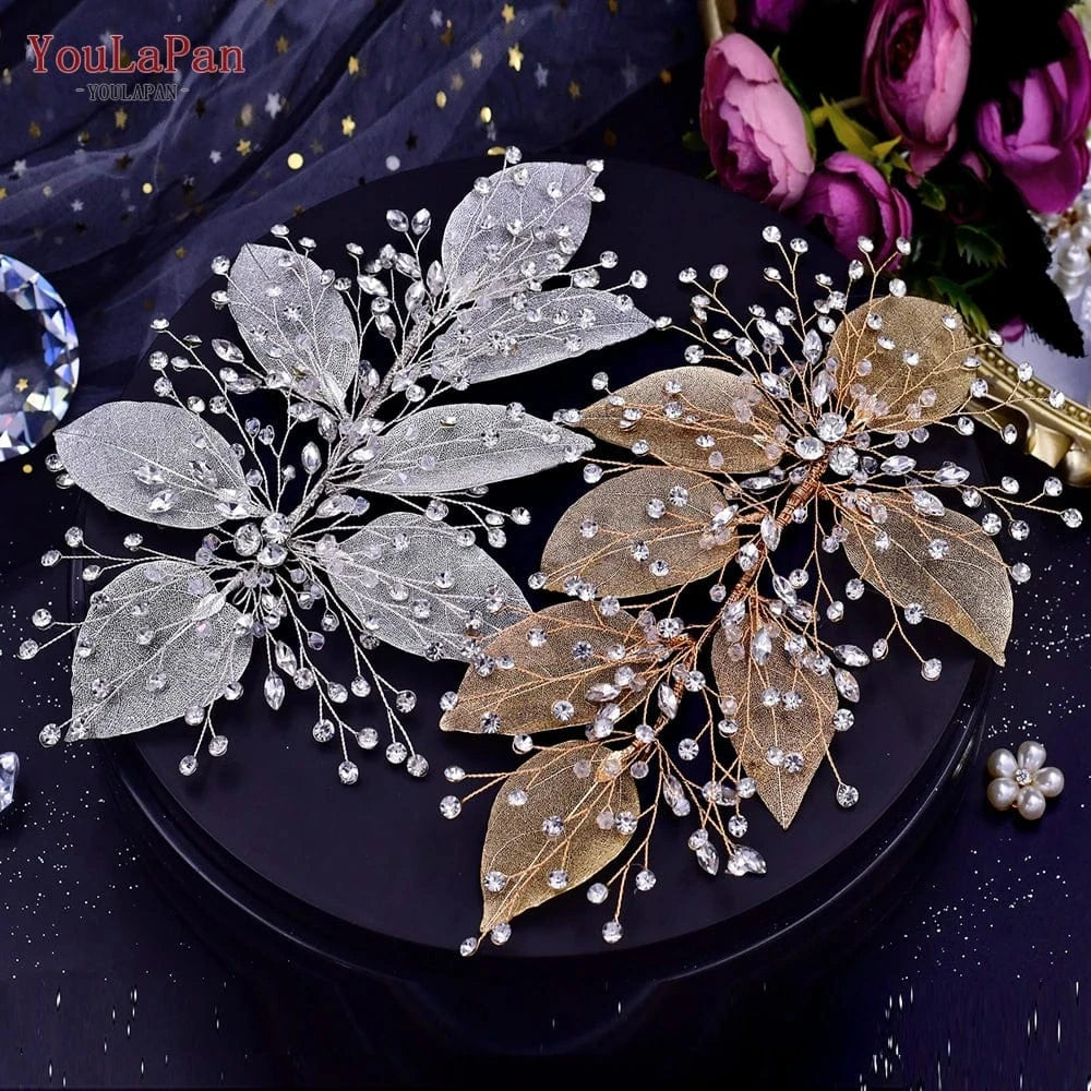 YouLaPan HP285 Elegant Rhinestone Women's Hair Accessories Faux Leaves Wedding Hair Piece Gold and Silver Bridal Headband