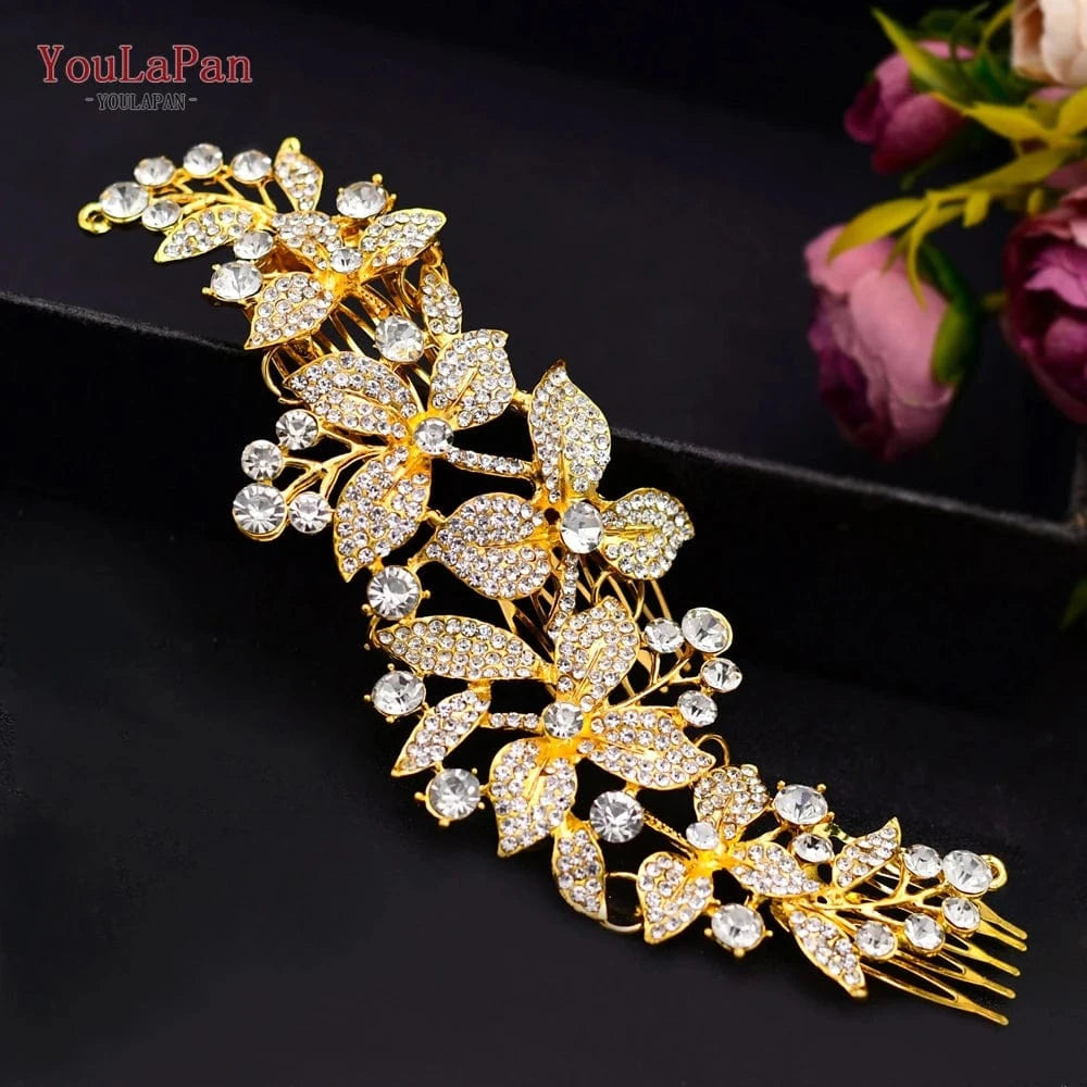YouLaPan HP301 Multicolor Alloy Flower Hair Comb Party Hair Accessories Shiny Rhinestone Silver Gold Bridal Hairpiece