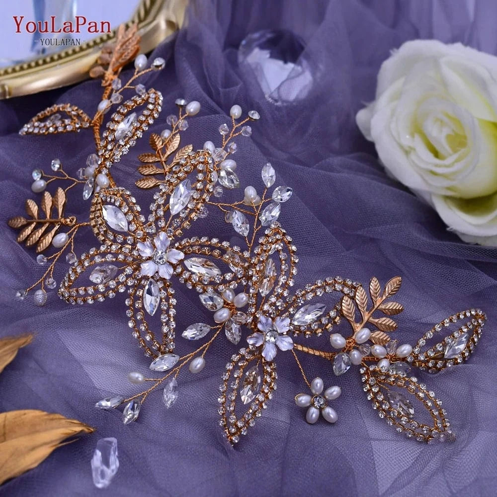 YouLaPan HP305 Wholesale Price Bridal Hair Accessories Handmade Gold Silver Leaf Rhinestone Flower Hair Pieces Wedding Headbands