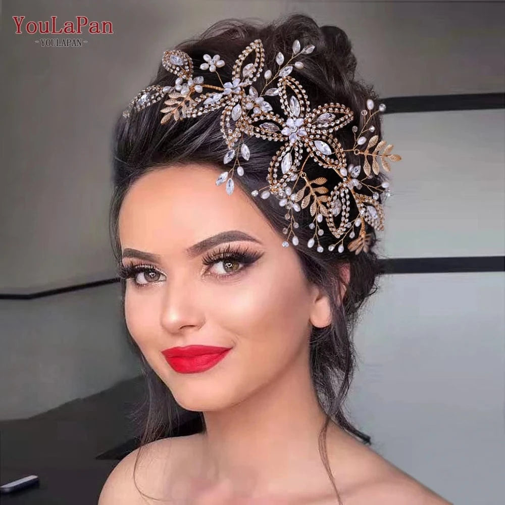 YouLaPan HP305 Wholesale Price Bridal Hair Accessories Handmade Gold Silver Leaf Rhinestone Flower Hair Pieces Wedding Headbands