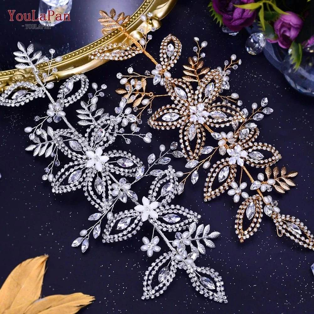 YouLaPan HP305 Wholesale Price Bridal Hair Accessories Handmade Gold Silver Leaf Rhinestone Flower Hair Pieces Wedding Headbands