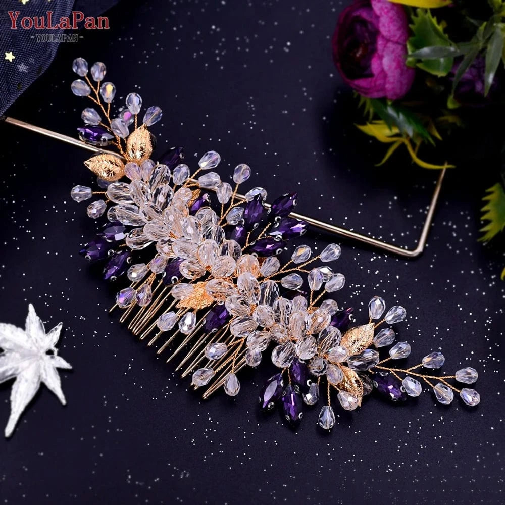 YouLaPan HP317 Hot Selling Bridal Hair Accessories Wholesale Bridal Women's Crystal Rhinestone Pink Purple Hair Comb
