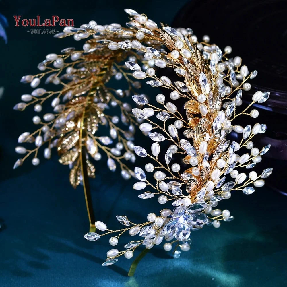 Youlapan HP322 Silver Rhinestone Headband Headpiece Wide Bridal Hair Pieces Wedding Crown Leaves Headwear Tiara Pearl for Women