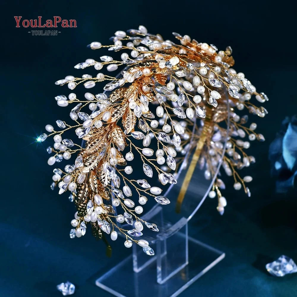 Youlapan HP322 Silver Rhinestone Headband Headpiece Wide Bridal Hair Pieces Wedding Crown Leaves Headwear Tiara Pearl for Women