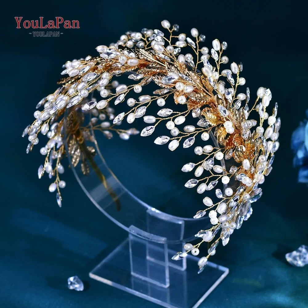 Youlapan HP322 Silver Rhinestone Headband Headpiece Wide Bridal Hair Pieces Wedding Crown Leaves Headwear Tiara Pearl for Women