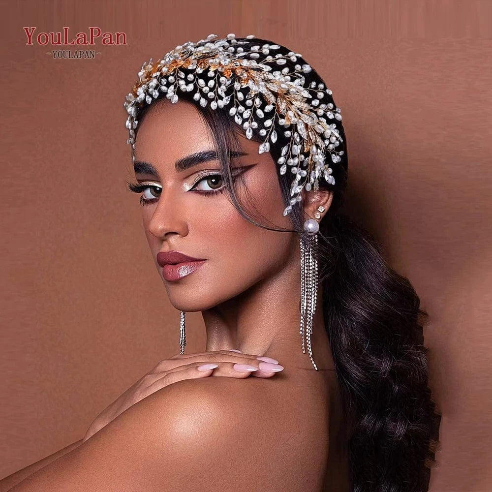Youlapan HP322 Silver Rhinestone Headband Headpiece Wide Bridal Hair Pieces Wedding Crown Leaves Headwear Tiara Pearl for Women