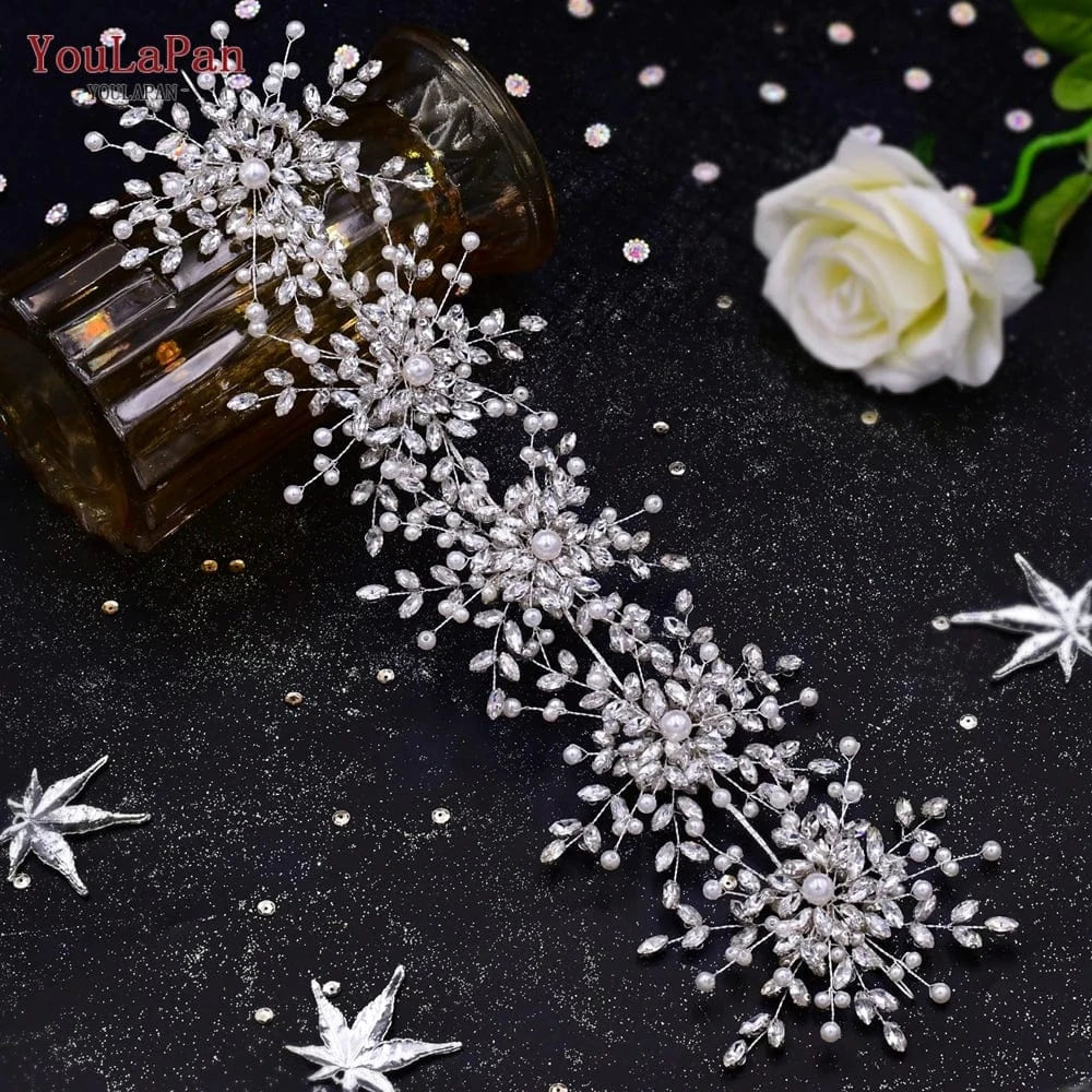 YouLaPan HP389-P Exquisite Wedding Pageant Headwear Rhinestone Pearls Flower Headband With Earings Bridal Hair Tiara