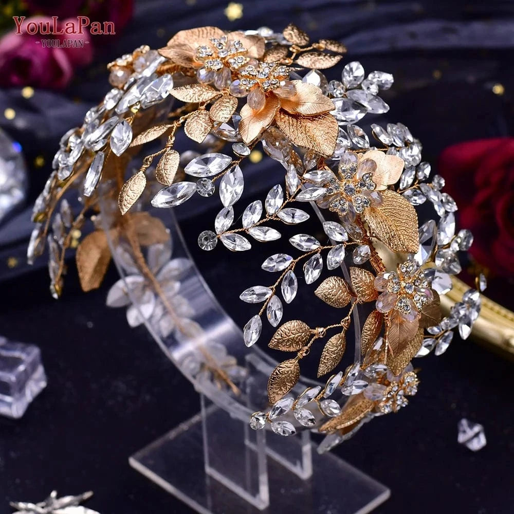 Youlapan HP391 Boutique Woman Hair Bands Shiny Rhinestone Alloy Leaf Bridal Hair Accessories Wedding Party Large Hair Piece