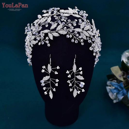 Youlapan HP398 Luxury Crystal Rhinestone Tiara Bridal Wedding Headband Earring Set Ladies Beauty Pageant Party Headwear